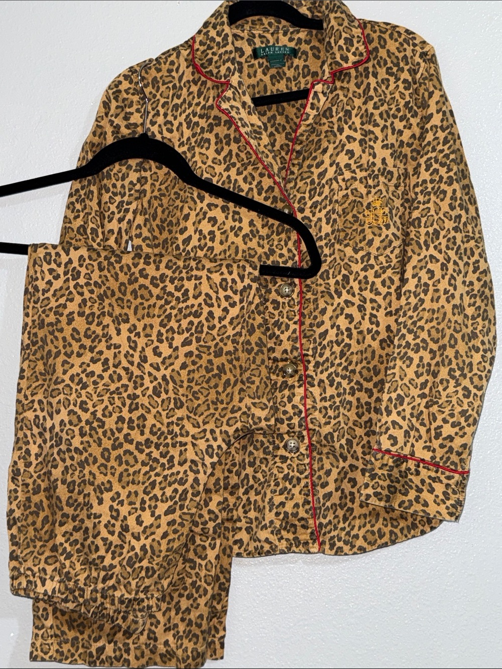 Ralph Lauren Leopard-Print Pajama Set with Red Piping
